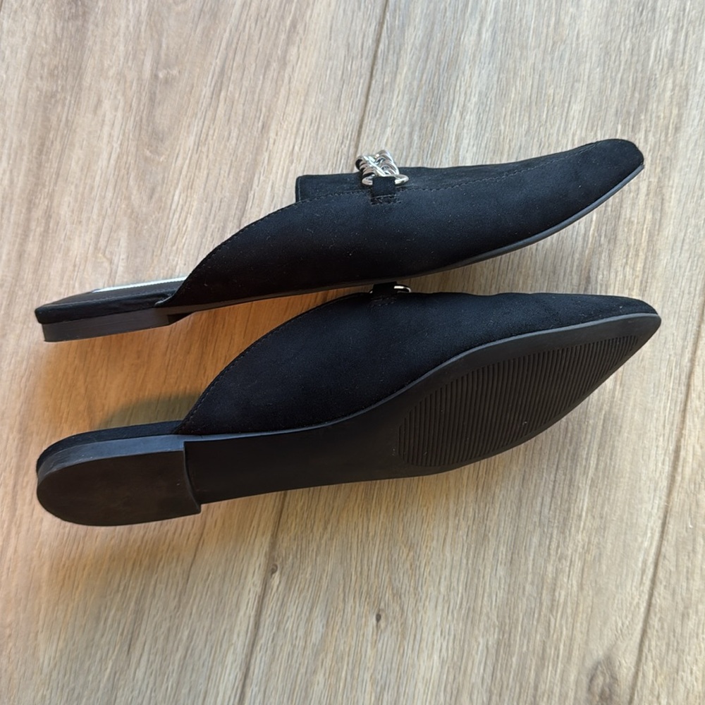 STEVE MADDEN Slip On Open Back Loafers Black Suede Silver Chain Decor Flats NWOT - Picture 4 of 6